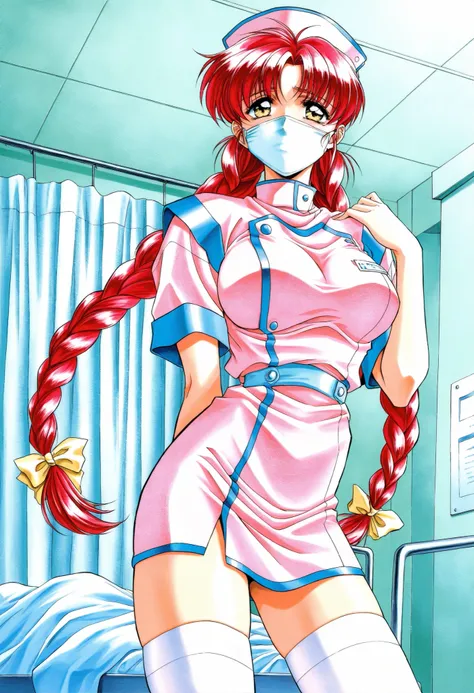 Score_9, score_8_up, score_7_up, source_anime, Makino_Rie(Nonomura_Hospital_PC98), 1girl, solo, red hair, twin braids, yellow eyes, bangs, large breasts, (best quality), (high quality), {masterpiece}, extremely delicate and beautiful, ultra-detailed, beaut...