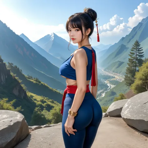 score_9, asian martial artist, beautiful asian woman, tan skin, black eyes, black hair in a high bun, left and right side highlights, dark blue sleeveless crop top, cleavage on the breasts, underboob showing, dark blue leggings, red sash with gold details ...