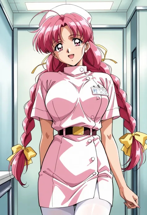 Score_9, score_8_up, score_7_up, source_anime, Makino_Rie_OVA, 1girl, solo, pink hair, 1990s \(style\), anime coloring, twin braids, bangs, hair ribbon, Yellow ribbon, large breasts, ahoge, pink eyes, (best quality), (high quality), {masterpiece}, extremel...