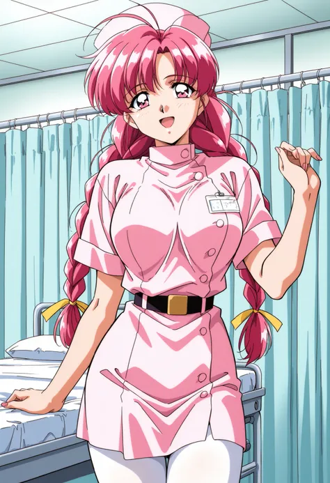 Score_9, score_8_up, score_7_up, source_anime, Makino_Rie_OVA, 1girl, solo, pink hair, 1990s \(style\), anime coloring, twin braids, bangs, hair ribbon, Yellow ribbon, large breasts, ahoge, pink eyes, (best quality), (high quality), {masterpiece}, extremel...