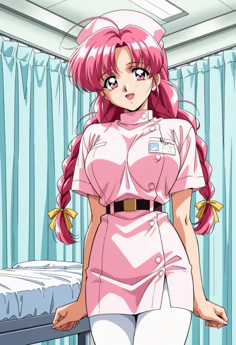 Score_9, score_8_up, score_7_up, source_anime, Makino_Rie_OVA, 1girl, solo, pink hair, 1990s \(style\), anime coloring, twin braids, bangs, hair ribbon, Yellow ribbon, large breasts, ahoge, pink eyes, (best quality), (high quality), {masterpiece}, extremel...