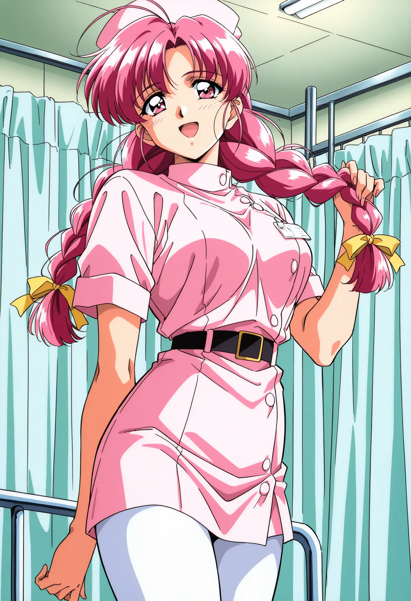 Score_9, score_8_up, score_7_up, source_anime, Makino_Rie_OVA, 1girl, solo, pink hair, 1990s \(style\), anime coloring, twin braids, bangs, hair ribbon, Yellow ribbon, large breasts, ahoge, pink eyes, (best quality), (high quality), {masterpiece}, extremel...