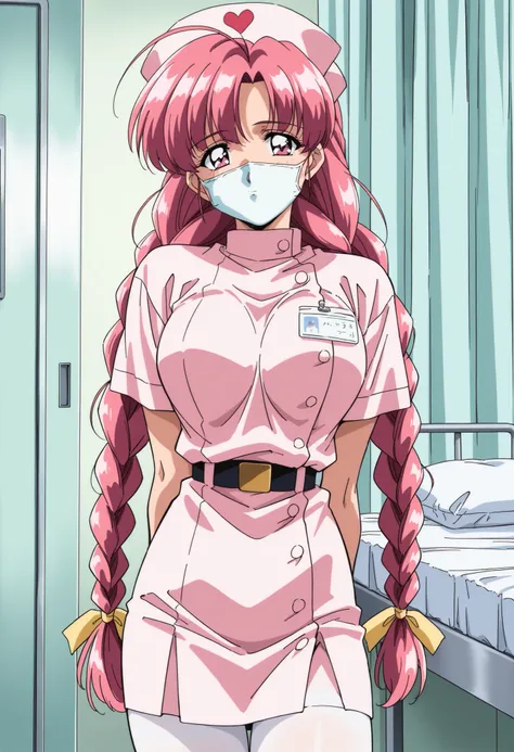 Score_9, score_8_up, score_7_up, source_anime, Makino_Rie_OVA, 1girl, solo, pink hair, 1990s \(style\), anime coloring, twin braids, bangs, hair ribbon, Yellow ribbon, large breasts, ahoge, pink eyes, (best quality), (high quality), {masterpiece}, extremel...