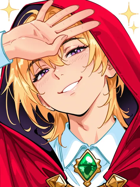 by snegovski, 1boy, blonde hair, medium hair, purple eyes, handsome, white collared shirt, red cloak, hood own, green gem, jewellery, upper body, looking at viewer, hand over forehead, smile, head tilt, smug, sparkles, white background, masterpiece, best q...
