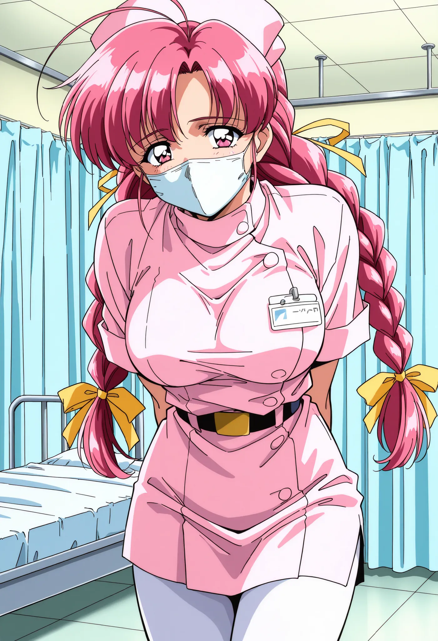 Score_9, score_8_up, score_7_up, source_anime, Makino_Rie_OVA, 1girl, solo, pink hair, 1990s \(style\), anime coloring, twin braids, bangs, hair ribbon, Yellow ribbon, large breasts, ahoge, pink eyes, (best quality), (high quality), {masterpiece}, extremel...