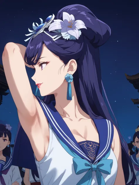 ((((best quality, masterpiece)))),Night Sky,Night Skyを見上げる,armpits,stares at viewers,Pear Blossom,Apothecary,sleeveless,cleavage,((((sailor suit)))),long hair, purple eyes, purple hair, flower, earrings, hair flower, lipstick,smile,profile,