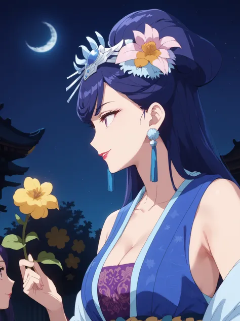 ((((best quality, masterpiece)))),moon,Night Sky,Night Skyを見上げる,armpits,stares at viewers,Pear Blossom,Apothecary,sleeveless,cleavage,long hair, purple eyes, purple hair, flower, earrings, hair flower, lipstick,smile,profile,