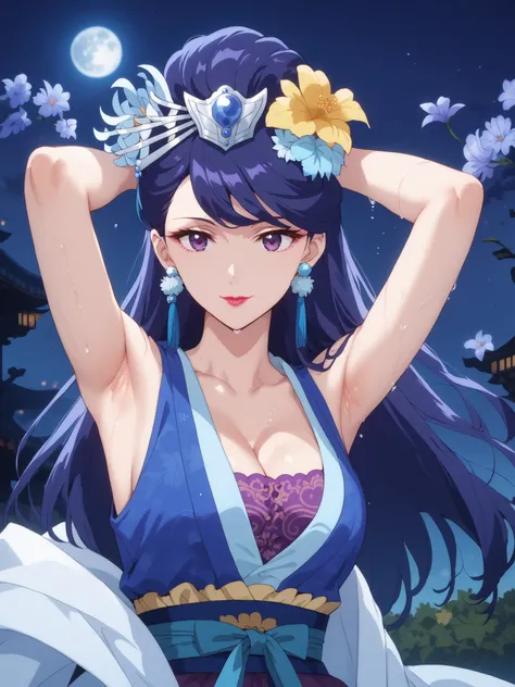 ((((best quality, masterpiece)))),moon,Night Sky,Night Skyを見上げる,armpits,stares at viewers,Pear Blossom,Apothecary,sleeveless,cleavage,long hair, purple eyes, purple hair, flower, earrings, hair flower, lipstick,smile,wet skin,