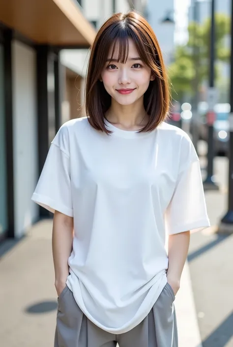 make a real photo, detailed description of a model, two positions before and after of a white oversizwd T-shirt, two positions before and after. no model,No label ,20-year-old Japanese girl,Sweet and cute,weighs about. 70 kg,Some meat,A bit fat,street back...