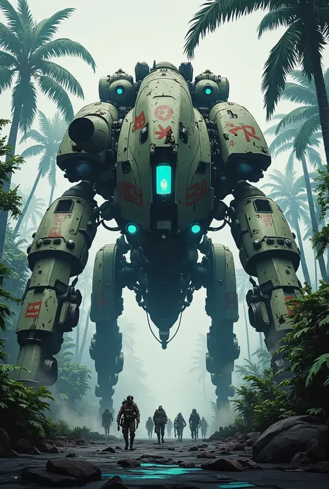 Masterpiece, ultra detail, Grimmdark, darktale, machanical styles. Lowkey lighting, Cinematic scene, 2D video game side view perspective. In foreground, the silhouette shrub, bush. The brutalist steampunk walking War Titan passing through the dark prehisto...