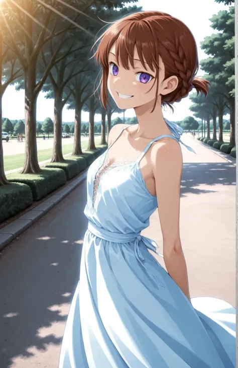 A slender woman with very short red-brown hair tied back lace braid, violet eyes, sly grin, wearing a summer dress, outside in a park, natural lighting, in full view in a highly detailed anime style