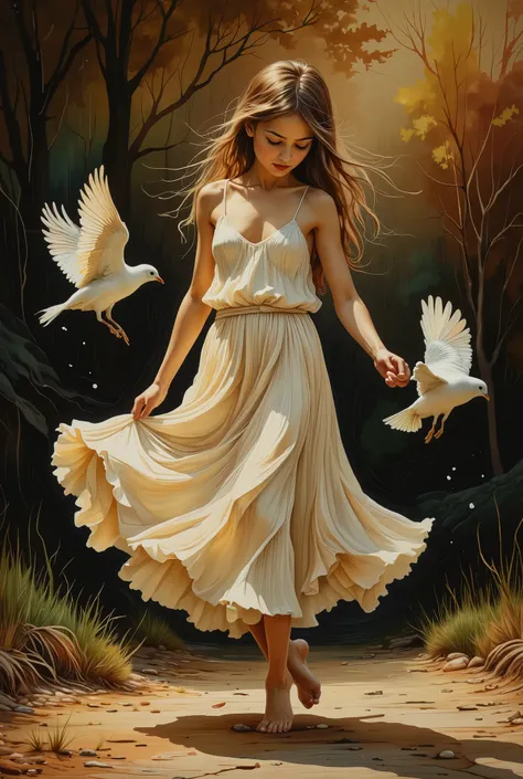 ((best quality)), ((masterpiece)), (detailed), In a richly textured, impasto oil painting, a age girl in a flowing cream-colored dress dances gracefully with two white birds, their translucent wings shimmering in a gradient from ivory to pale gold. Her tho...
