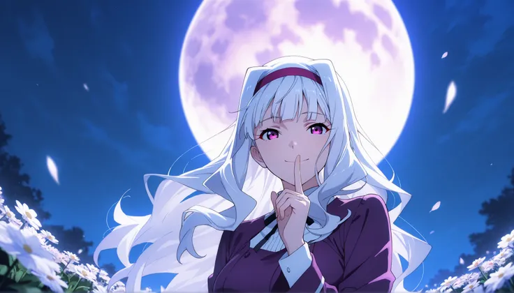score_9 , score_8_up , score_7_up , source_anime ,1 girl, solo, Shijou Takane, white hair, long hair, purple eyes, headband, smile quietly, (Facing the viewer, view audience), Place index finger over mouth, Hair blowing in the wind, night, In the flower ga...