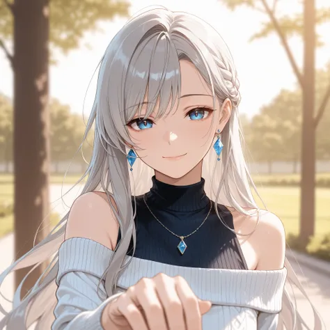 score_9, score_8_up, score_7_up, masterpiece, best quality, detailed face, 1 girl, solo, beautiful, modest chest, slender body, mature, light makeup, adorable, sharp eyes, closed mouth, gentle smile, 
Very long hair, wavy grey hair, side bangs, vibrant blu...