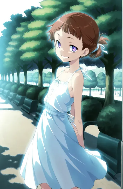 A slender woman with very short red-brown hair tied back short bangs, violet eyes, sly grin, wearing a summer dress, outside in a park, natural lighting, in full view in a highly detailed anime style