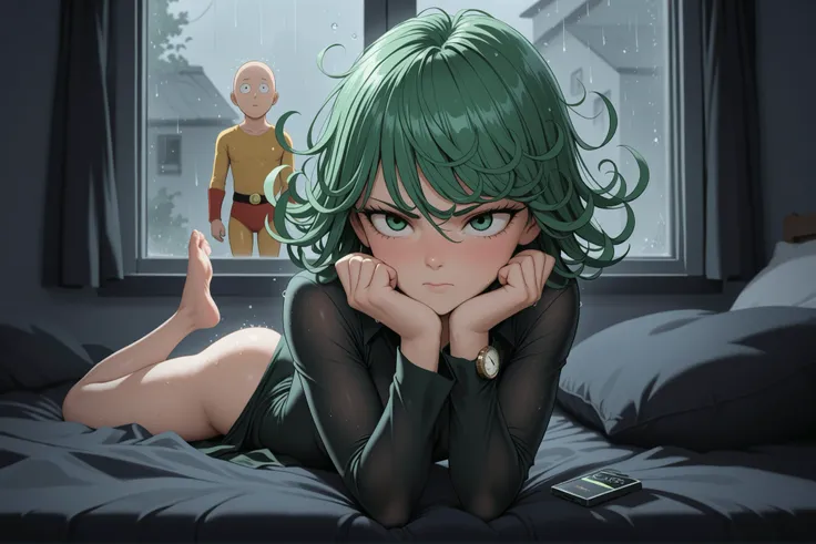 One punch man, sexy tatsumaki is depressed. Tatsumaki has her face and hands pressed against a rain soaked window. TATSUMAKI is in a dark BED room but watches the raging thunderstorm outside, longing for saitama dream bubble of Saitama hugging her and keep...