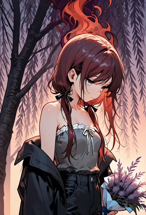 Masterpiece, best quality, intricate details, amazing quality, slumped, sad , girl, expressionless, close up, portrait, solo, long hair in low twin tails, gray eyes, dark red hair, long swept bangs, upper body, small breasts, strapless sleeveless shirt, gr...