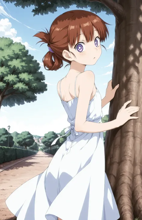 A slender woman with very short red-brown hair tied back, violet eyes, curious expression, wearing a summer dress, outside in a park under a tree, in full view in a highly detailed anime style
