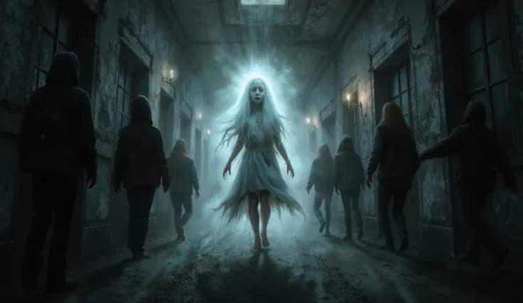 young ghost girl scares students at shady school, Spooky Ghost, spooky ghost girl, shady school with dark corridors, scared students hiding, flashing lights and burning candles, Gothic horror atmosphere, detailed illustration, realistic digital painting, 4...