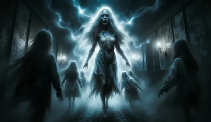 Young ghost girl scares students at shady school, Spooky Ghost, spooky ghost girl, shady school with dark corridors, scared students hiding, flashing lights and burning candles, Gothic horror atmosphere, detailed illustration, realistic digital painting, 4...