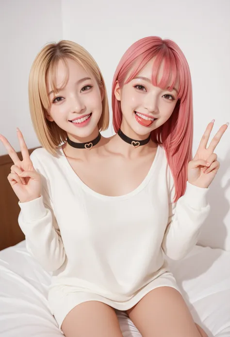 fullbody shot, best resolution,different facial-expressions, closed smile, sticking tongue out, looking at viewer ,different haircolors blonde hair, pink hair,, 2japanese women with two heads conjoined, different faceshapes, round chin, sharp chin, differe...