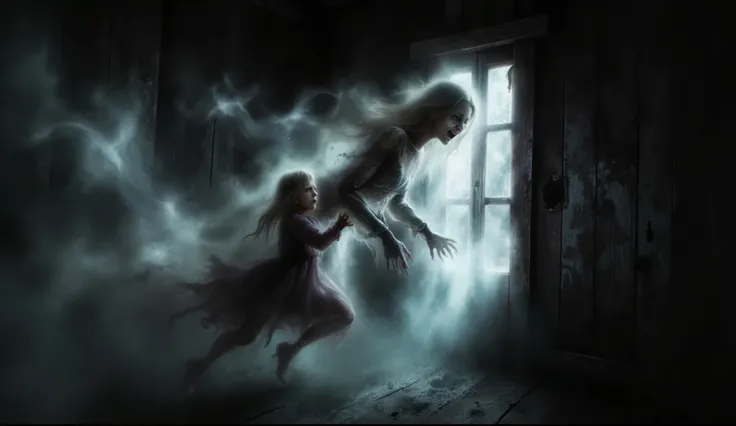 Young ghost girl coming out of the wall and holding terrified blonde girl in an old wooden house 