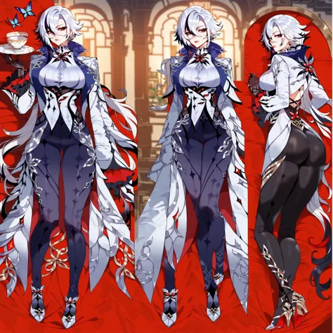 check_9, check_8_up, check_7_up, 1girl, Arlecchino ( Genshin Impact), x-shaped pupils, white hair, black hair, black eyes, red pupils, , medium Breasts, 1girl, One,  pants y, Breasts, multicolor hair, black hair, x} fringes, butterfly, black  брюки , cup, ...