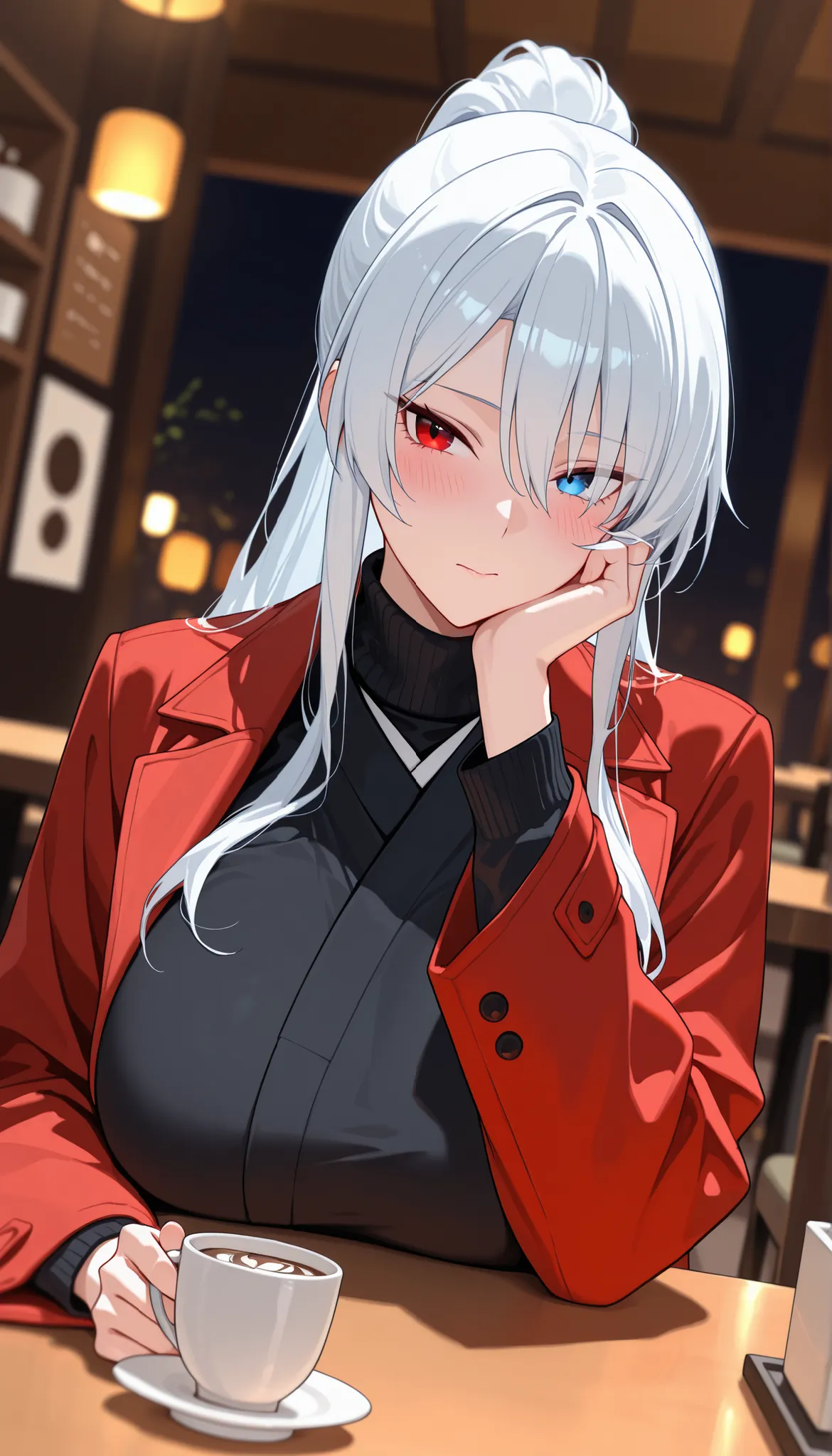best quality, masterpiece, absurdres, 1girl, solo, heterochromia, red_eye, blue_eye, white_hair, long_sleeves, large_breasts, tall, mature_female, long_hair, red_coat, open_coat, black_kimono, hair_over_one_eye, tsurime, turtleneck, formal_clothes, Japanes...