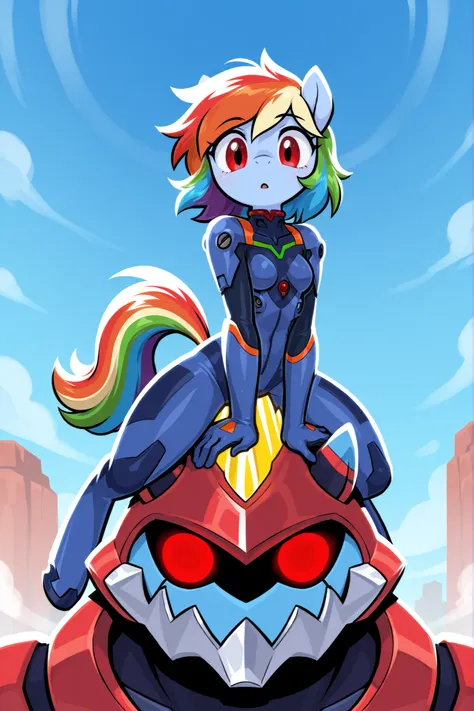 Pony Raimbow dash, An anthropomorphic Pegasus with blue skin, short rainbow hair and red eyes from My Little, who wears a battle suit like that of King Ayanami in blue by Evangelion. In the sky flying