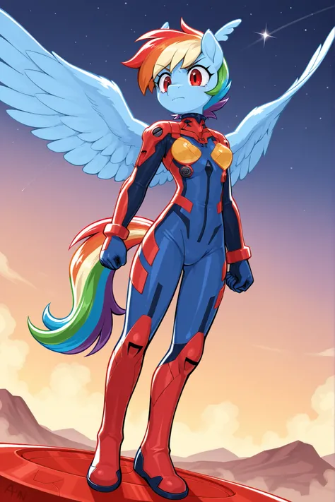 Pony Raimbow dash, An anthropomorphic Pegasus with blue skin, short rainbow hair and red eyes from My Little, who wears a battle suit like that of King Ayanami in blue by Evangelion. In the sky flying