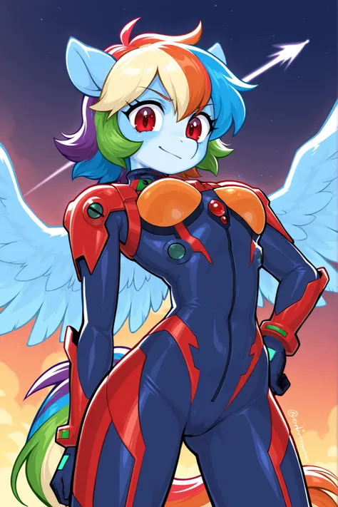 Pony Raimbow dash, An anthropomorphic Pegasus with blue skin, short rainbow hair and red eyes from My Little, who wears a battle suit like that of King Ayanami in blue by Evangelion. In the sky flying