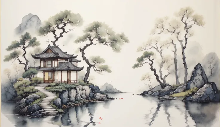 , Picture to eat , Freestyle , Long roll，Gangnam Garden, rock hut, curved leg，pine tree patchwork, bamboo, and orchid，faint white, smoke and rain, faint white，bright colored flower, green wreath，seal sculpture, custom seal，70x180cm silk scarf，fresh dak pap...