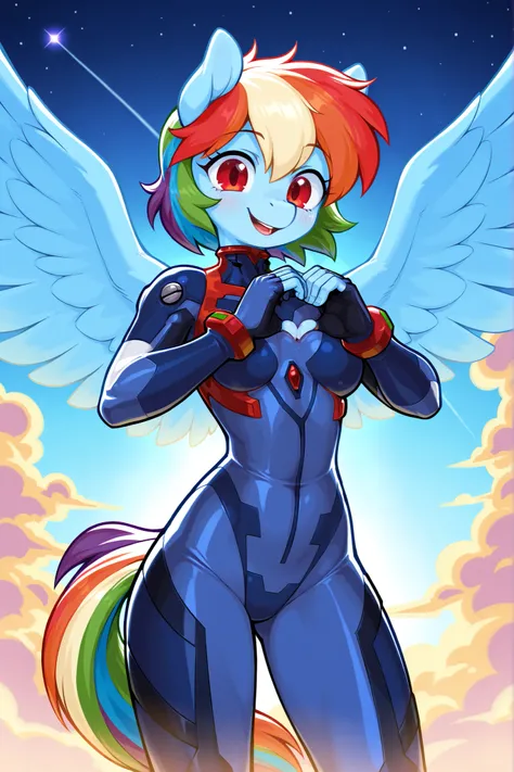Pony Raimbow dash, An anthropomorphic Pegasus with blue skin, short rainbow hair and red eyes from My Little, who wears a battle suit like that of King Ayanami in blue by Evangelion. In the sky flying , doing finger heart, love hands