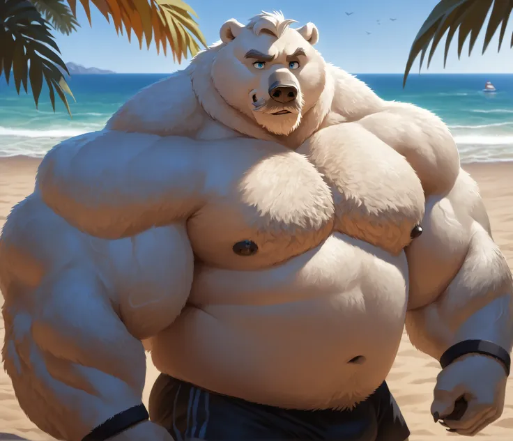 Best quality, Super detailed illustration, cartoon illustration, ultra high 4k quality, ((masterpiece, best quality)) by Disney, by Disney, anthro Polar Bear,, large huge bulked up muscular polar bear in Californian beach, big grunting noise, big bulked up...