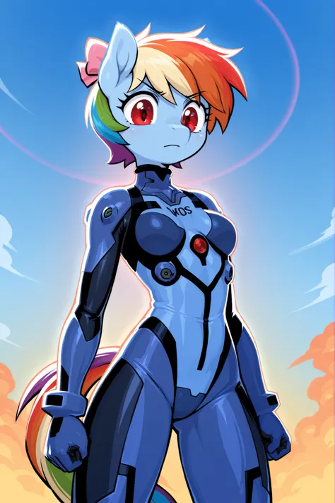 Pony Raimbow dash, An anthropomorphic Pegasus with blue skin, short rainbow hair and red eyes from My Little, who wears a battle suit like that of King Ayanami in blue by Evangelion. In the sky flying