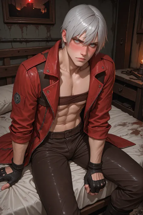 (Masterpiece, absurdres, topquality) 1boy, solo, maturemale, male focus, dmc3dante, red coat, bandeau, fingerless gloves, pants, silver hair, abandoned medieval bedroom, grunge-photography, light-flash, sitting on bed, looking at viewer, flustered, blushin...