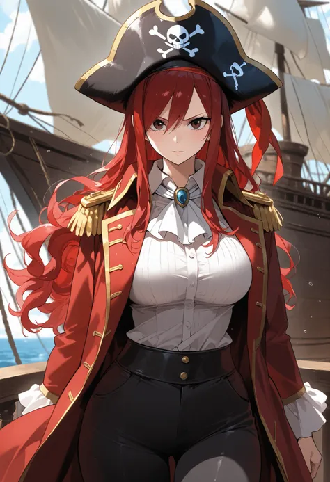 score9_up, score8_up, score7_up, solo, alone masterpiece, best quality, Erza Scarlet, long hai, red hair, wavy hair,  pirate captian, pants, red coat, pirate hat,on a pirate ship, very beautiful