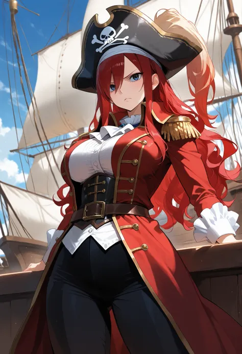 score9_up, score8_up, score7_up, solo, alone masterpiece, best quality, Erza Scarlet, long hai, red hair, wavy hair, blue eyes, pirate captian, pants, red coat, pirate hat, on a pirate ship, very beautiful