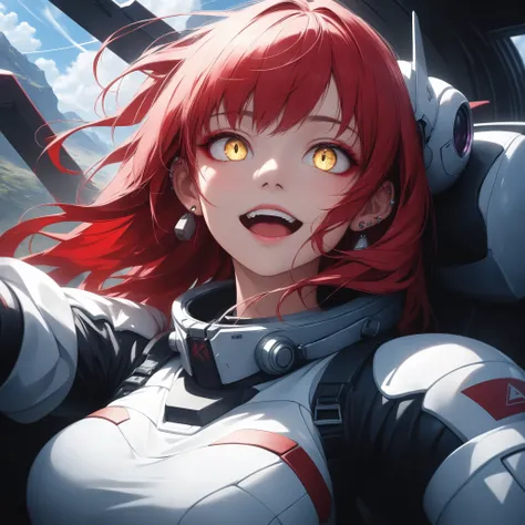 ((extreme quality)), ((Masterpiece)), (( Enrich the picture, Masterpiece level quality)), red hair , Mid-length Layers hair, medium breasts , golden eyes , fierce woman , extreme eyes details, raw 4k, perfect proportions , extreme hair detailed, extreme c...