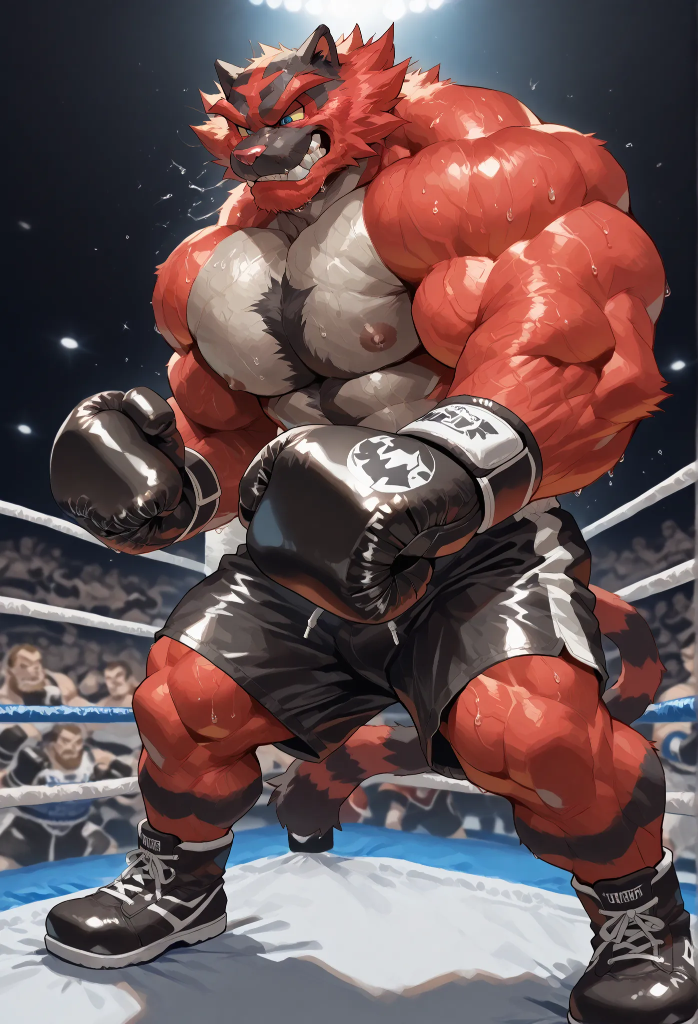 4K, masterpiece quality, pov_boxing, Looking down on the losers with brutal triumph, black boxing shoes, black boxing gloves, black boxing trunks with red side lines, full body, depth of field, boxing, dynamic pose, powerful punching pose, boxing ring back...