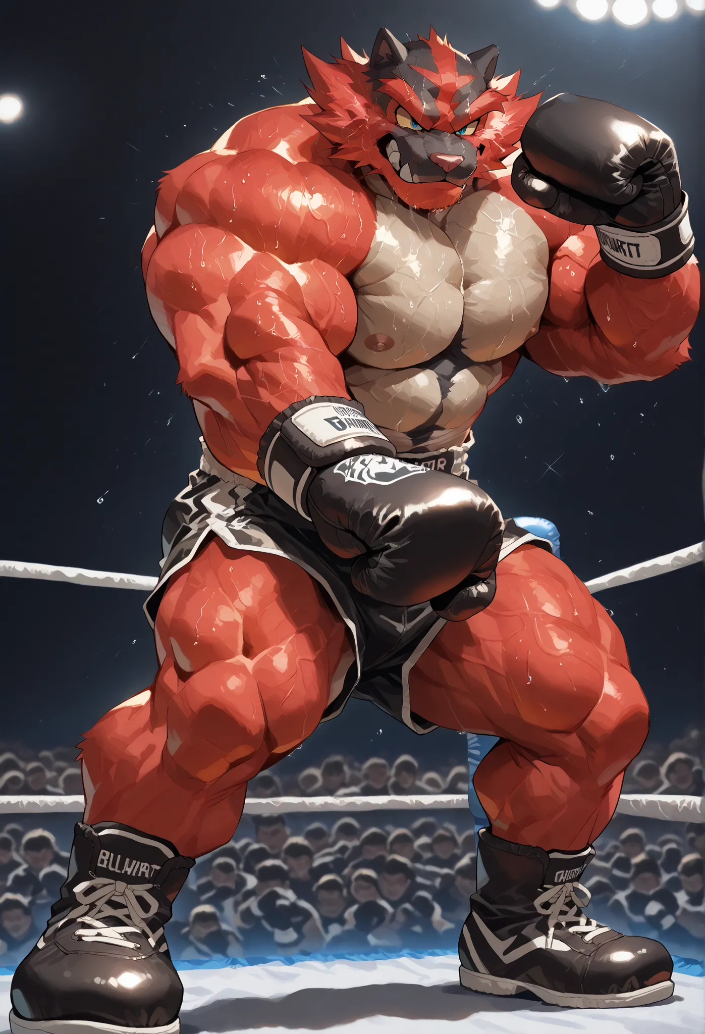 4K, masterpiece quality, pov_boxing, Looking down on the losers with brutal triumph, black boxing shoes, black boxing gloves, black boxing trunks with red side lines, full body, depth of field, boxing, dynamic pose, powerful punching pose, boxing ring back...