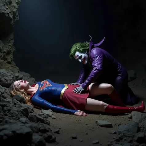 Supergirl is lying flat on the dirt, very bright white skin, can see whole body, She is wearing a thin black pantyhose, very short red skirt, flipped up skirt, red knee height long boots, blonde hair, unconsciousness, eyes close, painful face, Joker is ben...
