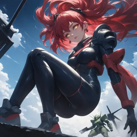  ((extreme quality)), ((Masterpiece)), (( Enrich the picture, Masterpiece level quality)), red hair , Mid-length Layers hair, medium breasts , golden eyes , fierce woman , extreme eyes details, raw 4k, perfect proportions , extreme hair detailed, extreme c...