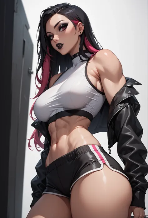 score_9, score_8_up, score_7_up, 1girl, solo, upper body, looking at viewer, white background, voluminous long hair, multicolored hair, makeup, parted lips, black lips, eyeliner, gothic, goth woman, white crop top, sport shorts, athletic body, thick thighs