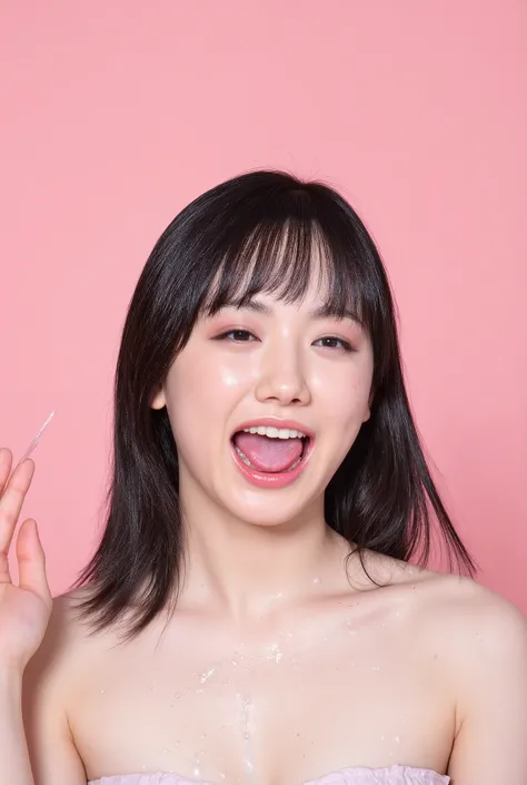 Japanese long black hair、 Light Pink Monochrome Background , Porcelain Skin , ( "Father's Toy "), here is slightly white, sticky, wet, slightly open mouth , white man applies a small amount of clear liquid to his face, ( skin care), Cum on for...