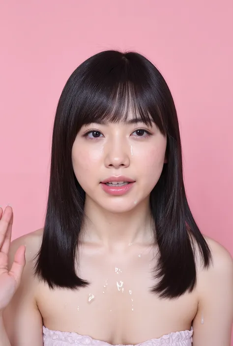 Japanese long black hair、 Light Pink Monochrome Background , Porcelain Skin , ( "Father's Toy "), here is slightly white, sticky, wet, slightly open mouth , white man applies a small amount of clear liquid to his face, ( skin care), Cum on for...