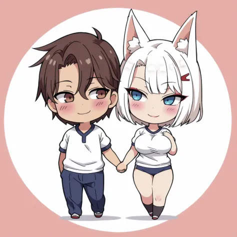 1 boy and 1 girl, 1 boy, straight, couple, dark haired boy, brown eyes, wavy brown hair, 1 girl, Kaga ( azur Lane ), fox girl, solo, white hair, short hair, Blue eyes, hairl clip, cute, holding hands, happy, blushing, high quality, masterpiece, Very detail...