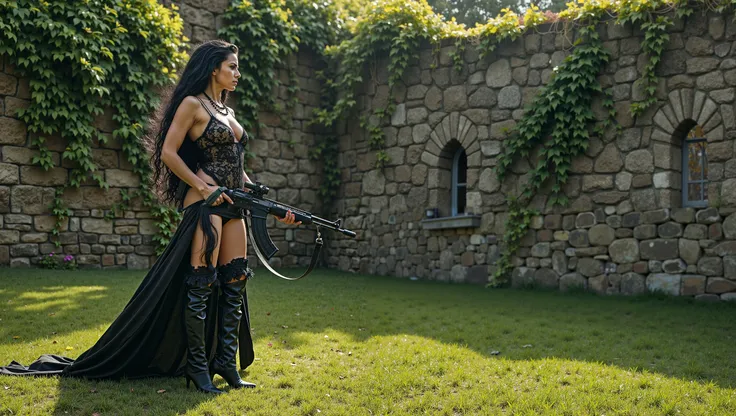 Photorealistic steampunk image: an imposing forty-seven-year-old witch takes center stage, radiating beauty and power. Her long raven hair falls freely over her shoulders, complementing her strong and elegant features. She is naked, dressed only in strikin...
