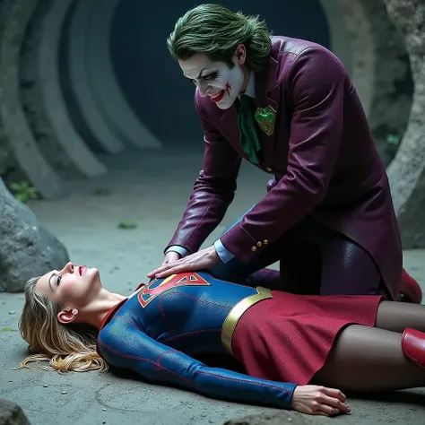 Supergirl is lying flat on the dirt, very bright white skin, can see whole body, She is wearing a thin black pantyhose, very short red skirt, flipped up skirt, red knee height long boots, blonde hair, unconsciousness, eyes close, painful face, Joker is ben...