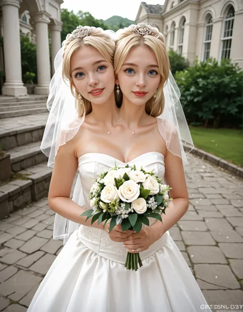 young woman with two heads, bride, blonde hair, blue eyes, grinning, wedding dress holding a bouquet, outdoor wedding venue